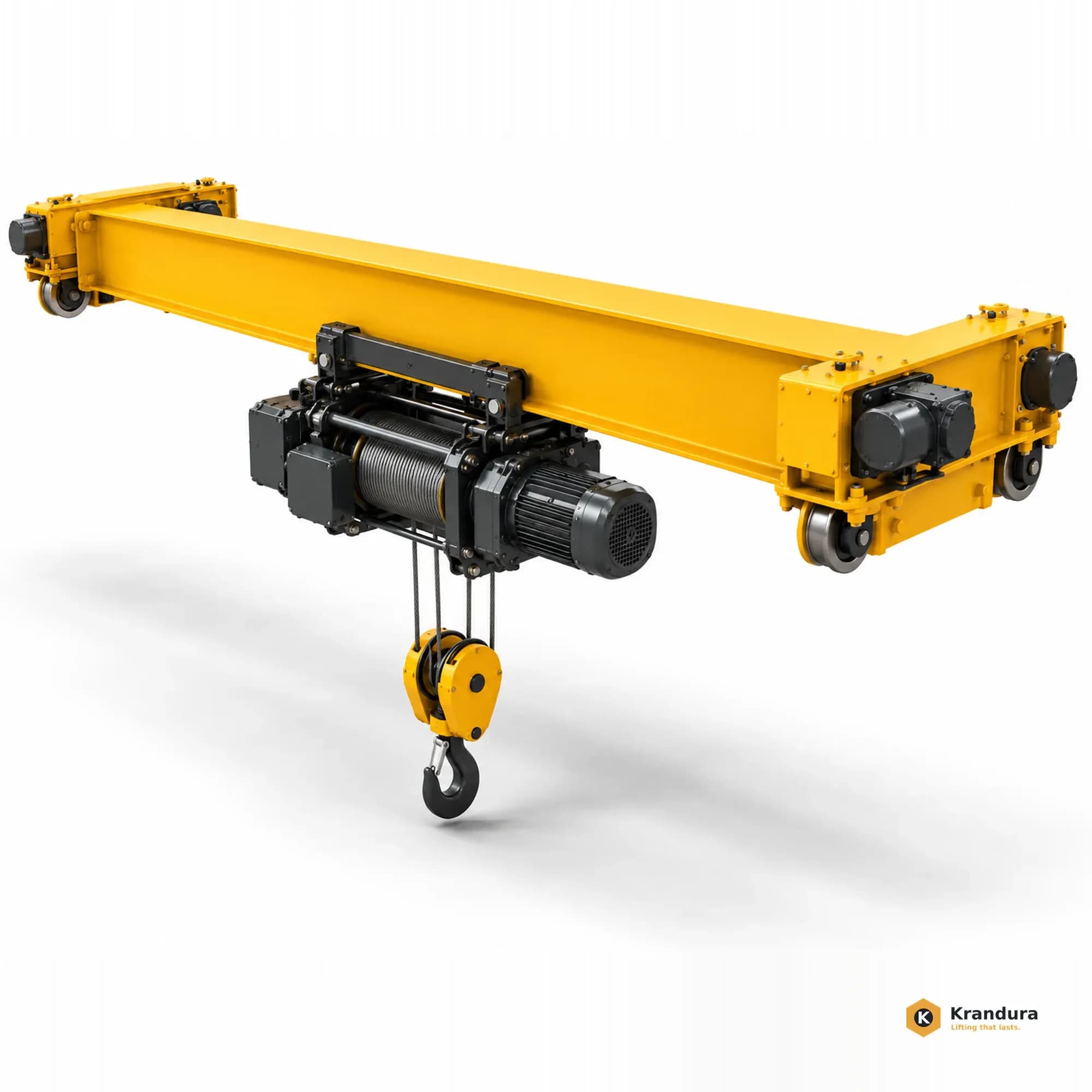 Alternate-angle AI rendering of a 10 ton single girder overhead crane on a white background