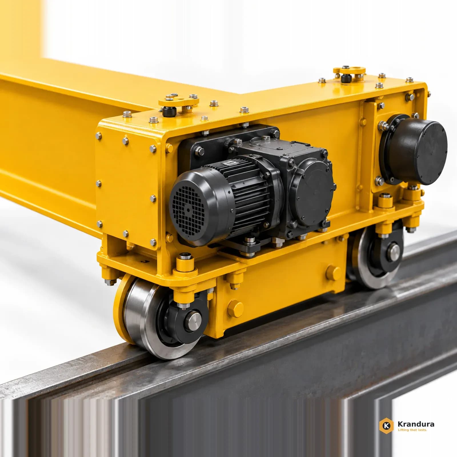 AI-rendered yellow overhead crane end carriage with wheel and drive components