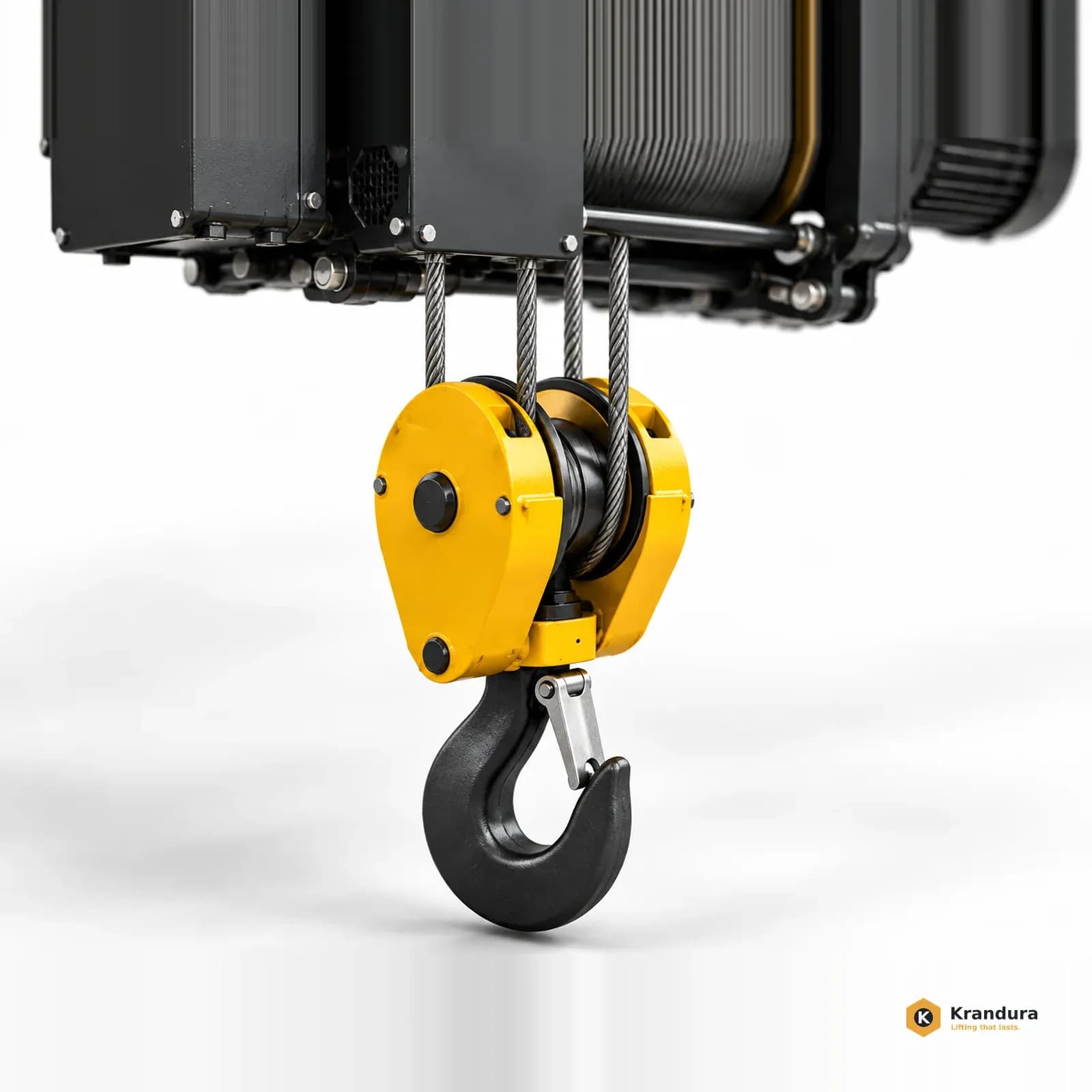 AI-rendered crane hook and sheave block with steel wire ropes and a safety latch