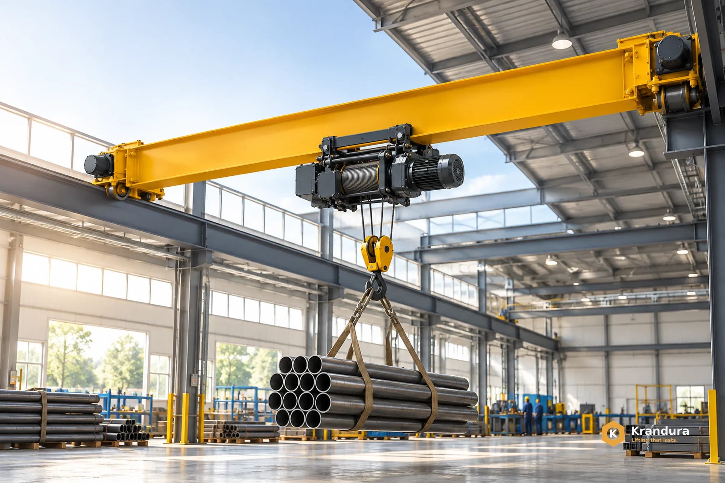 AI illustration of a yellow single girder overhead crane handling steel pipes in a workshop