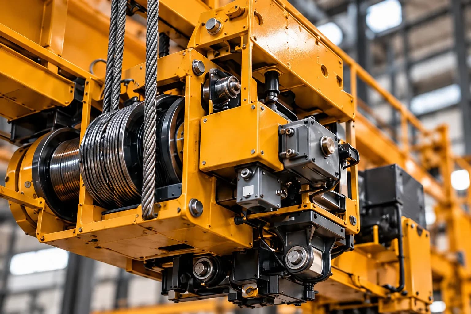Illustration of amber lifting equipment showing a wire rope drum, gearbox and bolted steel framework