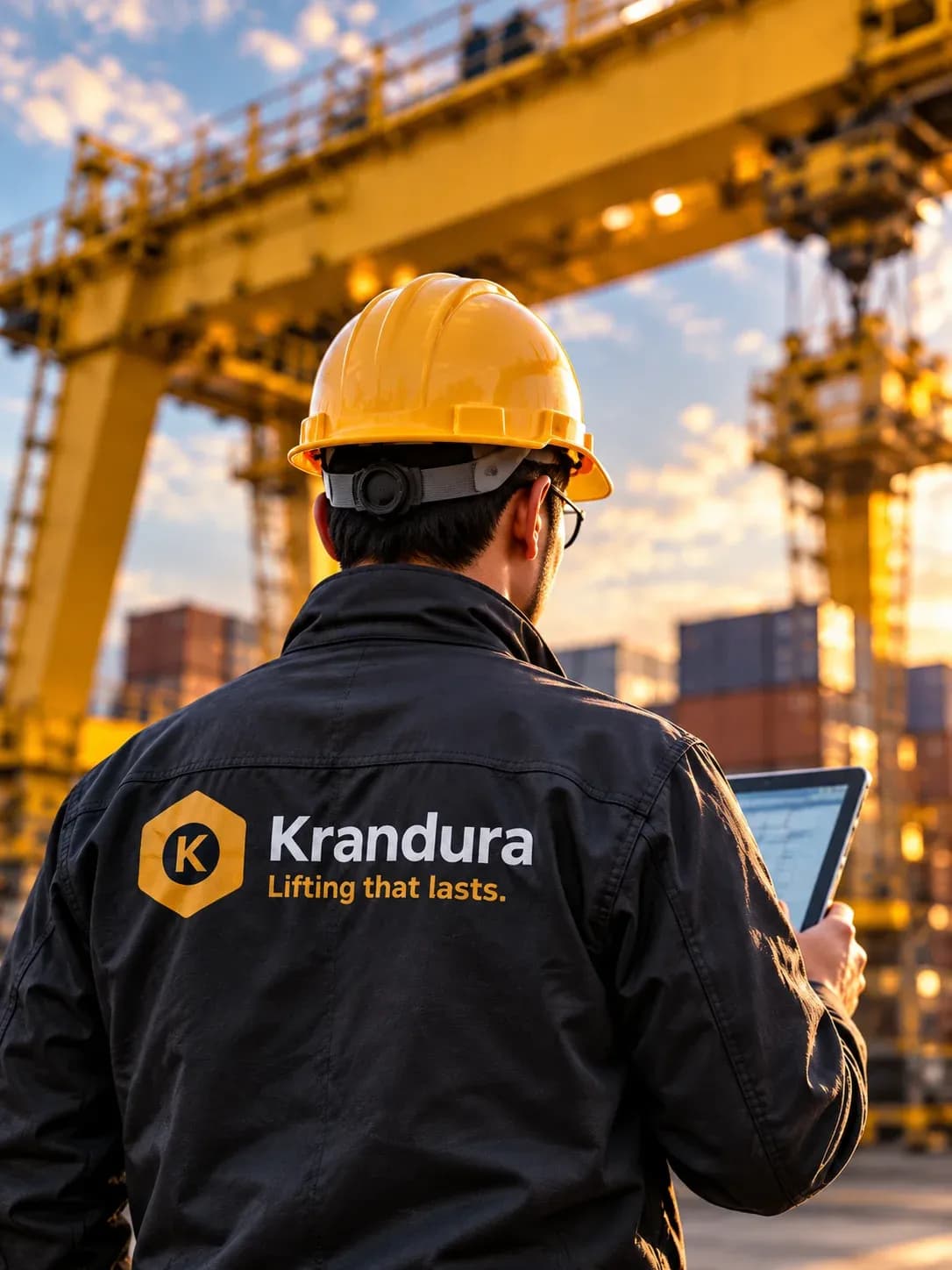 Brand illustration of an engineer in a Krandura work jacket holding a tablet beside a crane