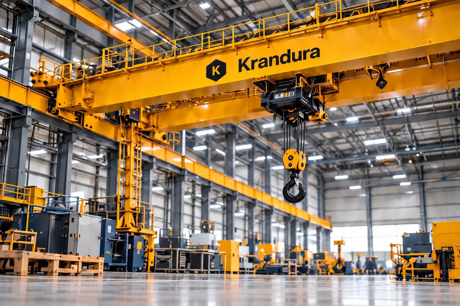 Illustration of an amber Krandura overhead crane in a bright industrial workshop