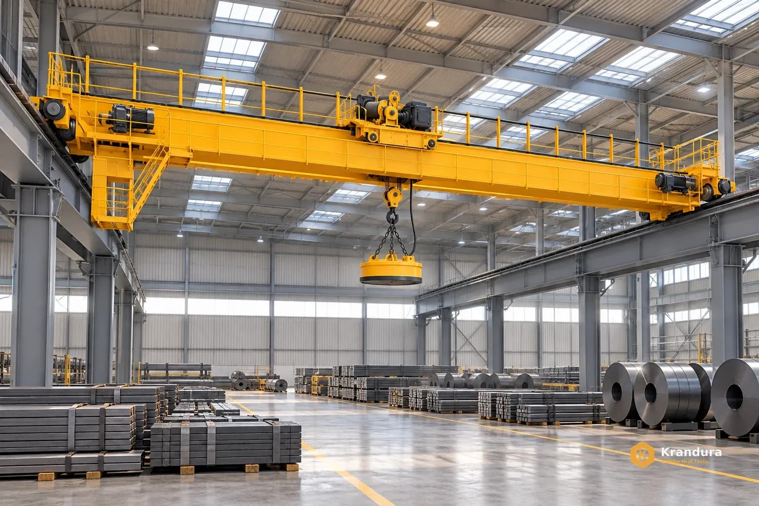 AI application illustration: Steel storage and unloaded electromagnetic crane application concept.