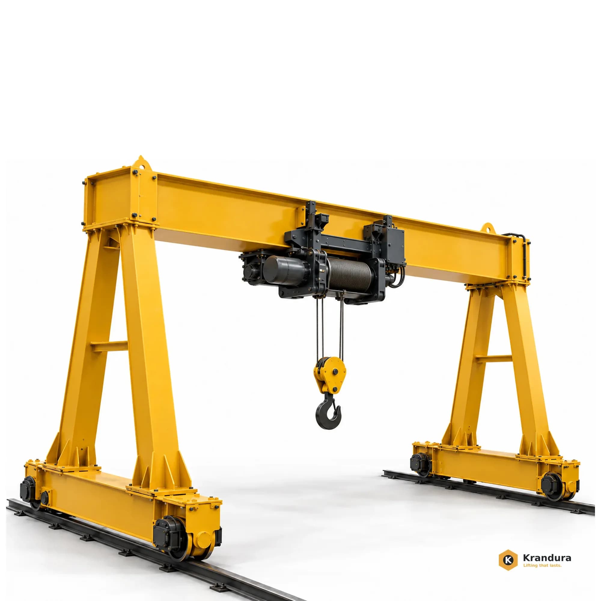 AI illustration of a 10 ton box girder gantry crane with portal legs, ground rail wheels and wire rope hoist