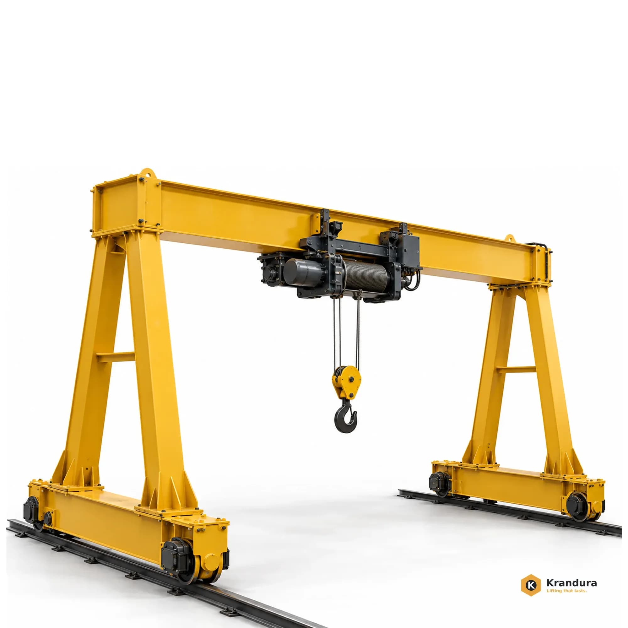 AI illustration of a 5 ton box girder gantry crane with portal legs, ground rail wheels and wire rope hoist