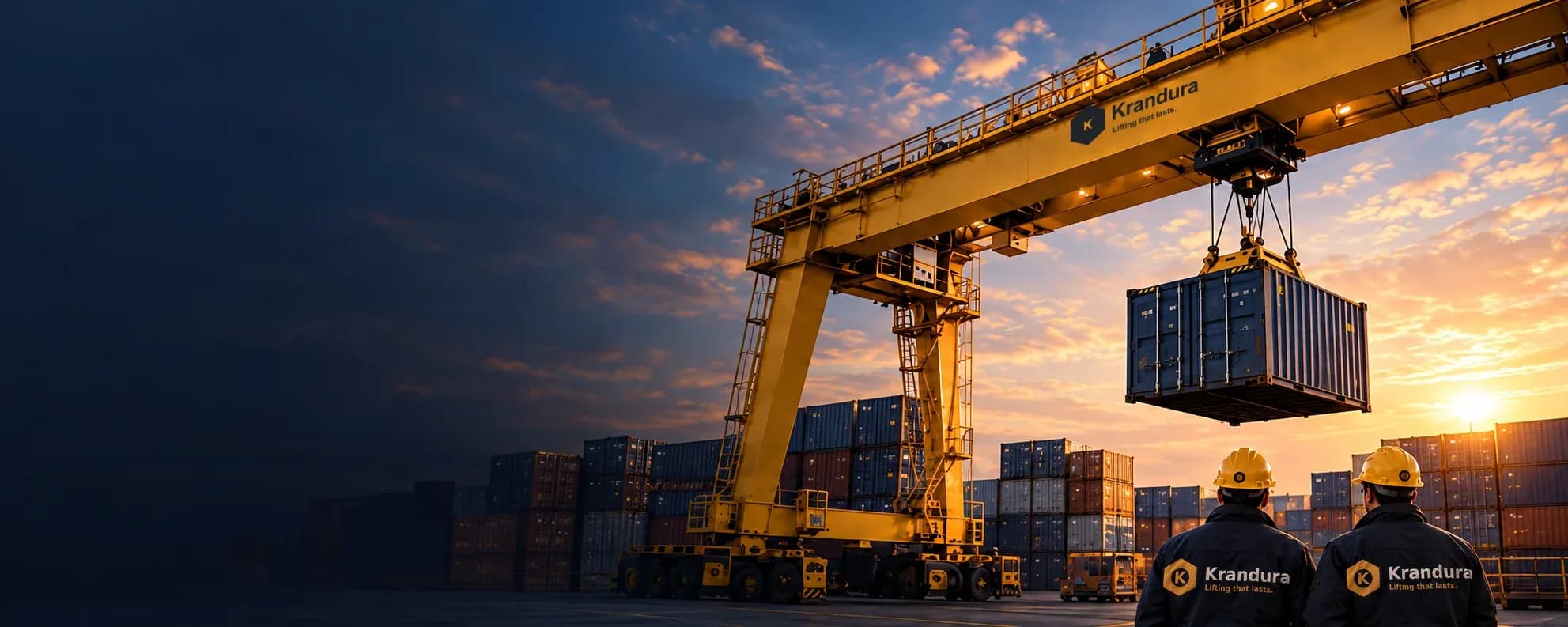 AI illustration of a yellow container gantry crane at sunset, a suspended blue container and two workers in Krandura jackets