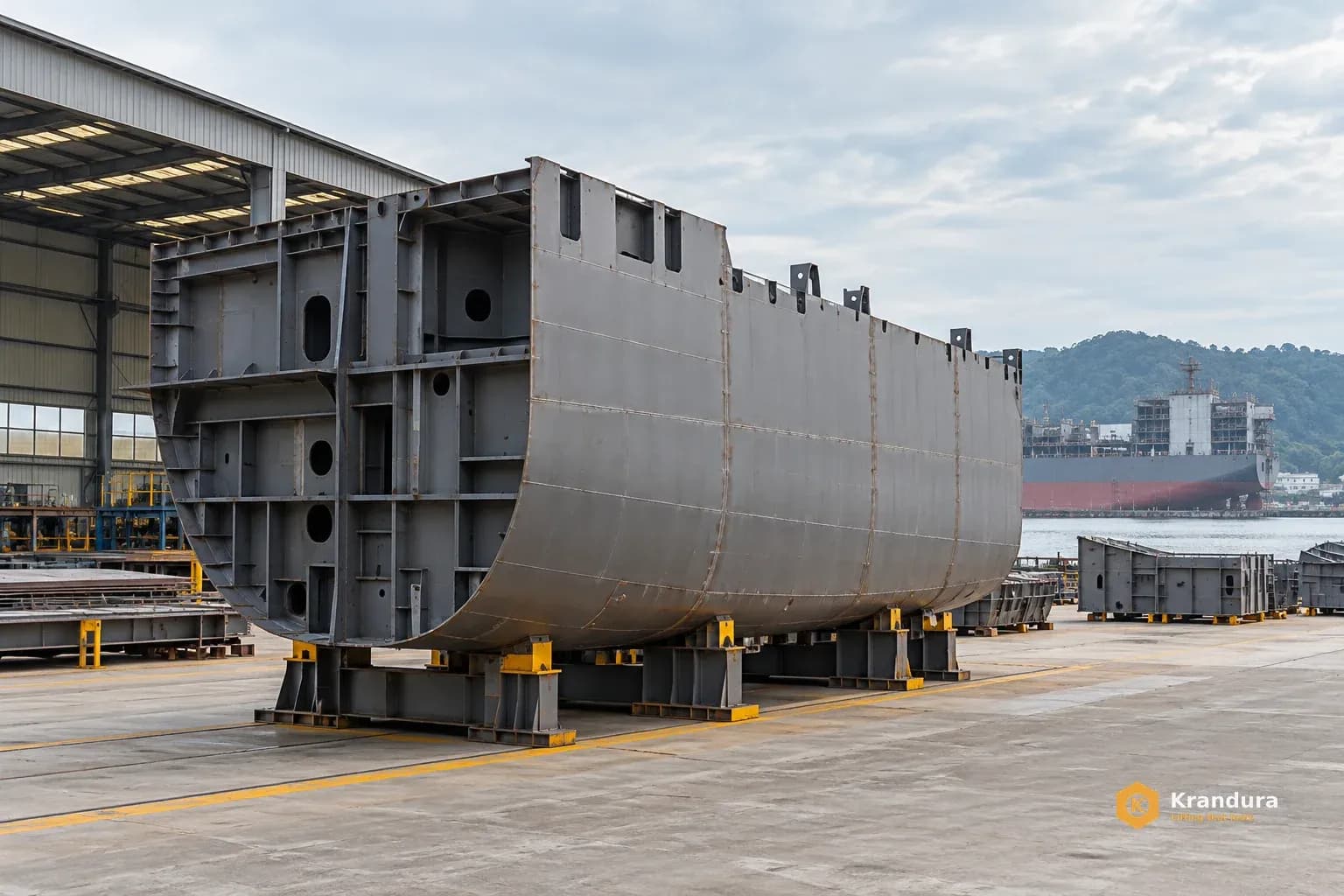 AI application illustration: Grounded hull-block assembly and dockside shipbuilding application concept.