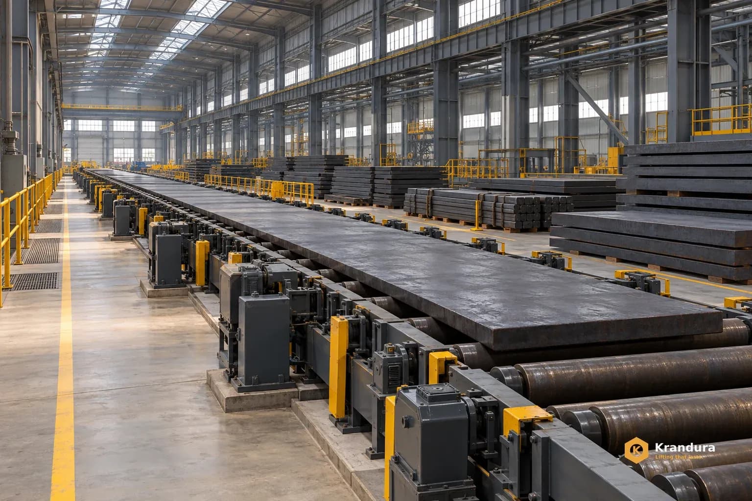 AI application illustration: Steel plate finishing and roller-conveyor environment; crane configuration not depicted.